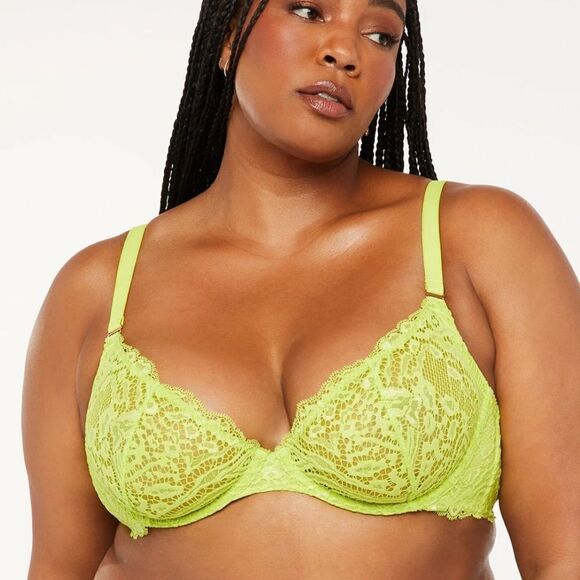 Savage‎ X Fenty Alien Animal Unlined Lace Plunge Bra Twisted Lime Green 38DD Nwt - Picture 1 of 8